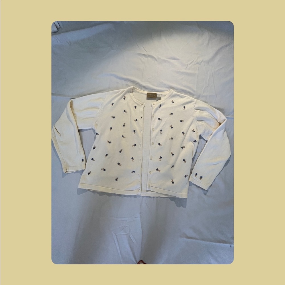 Thrifted, button up sweater with embroidered flowers